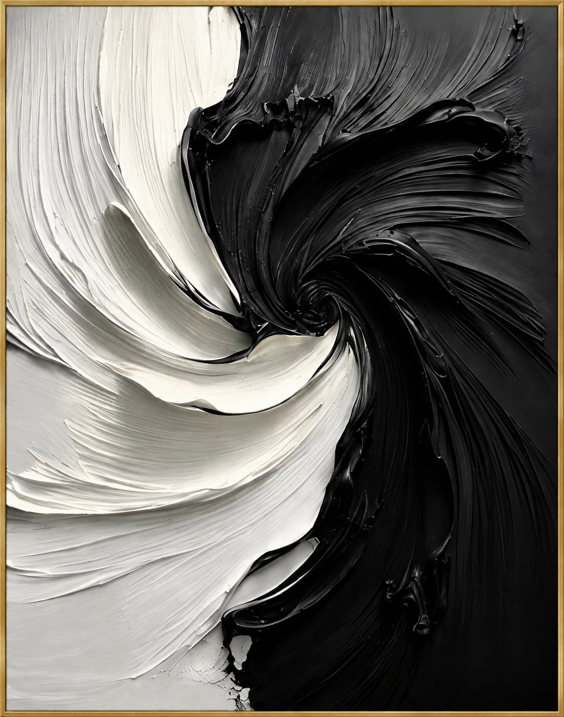 Monochrome Swirl | Hand-Painted Abstract Oil Painting | Complete artwork front view with narrow champagne gold fine frame