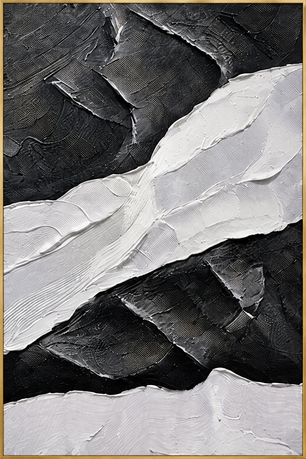 Monochrome Terrain | Hand-Painted Abstract Oil Painting | Complete artwork front view with narrow champagne gold fine frame