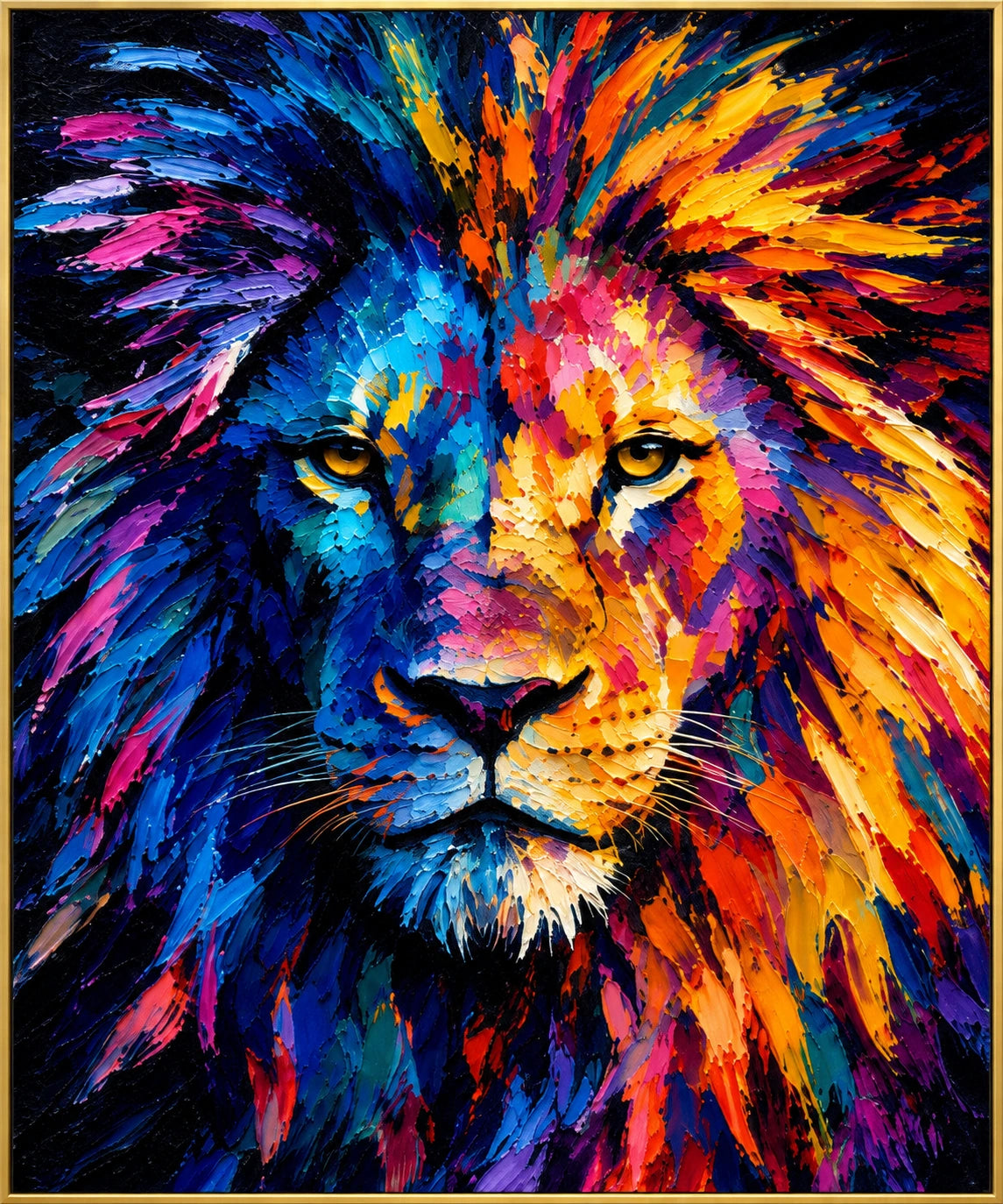 Electric Mane | Hand-Painted Wildlife Oil Painting | Complete artwork front view with narrow champagne gold fine frame