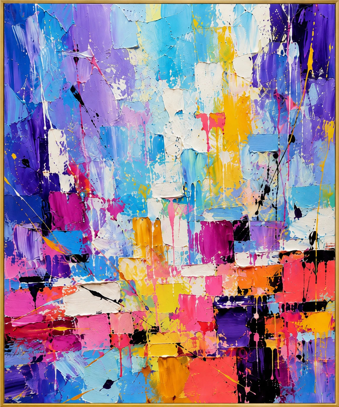 Chromatic Grid | Hand-Painted Abstract Oil Painting | Complete artwork front view with narrow champagne gold fine frame