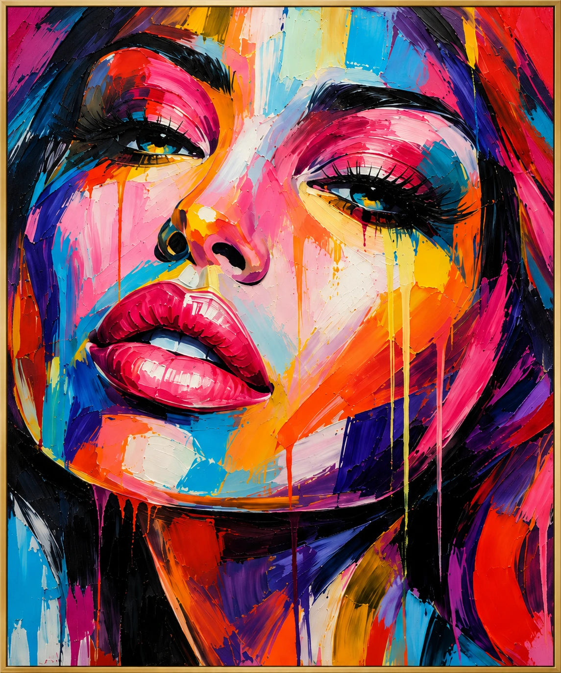 Electric Gaze | Hand-Painted Figurative Oil Painting | Complete artwork front view with narrow champagne gold fine frame
