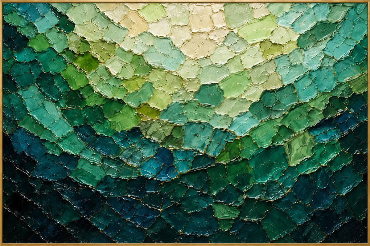 Jade Current | Hand-Painted Abstract Oil Painting | Complete artwork front view with narrow champagne gold fine frame