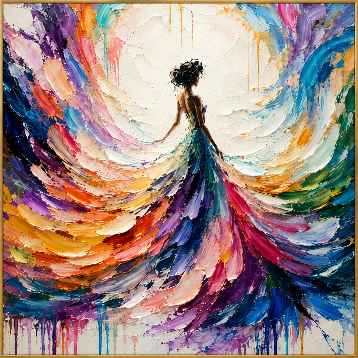 Chromatic Dress | Hand-Painted Figurative Oil Painting | Complete artwork front view with narrow champagne gold fine frame