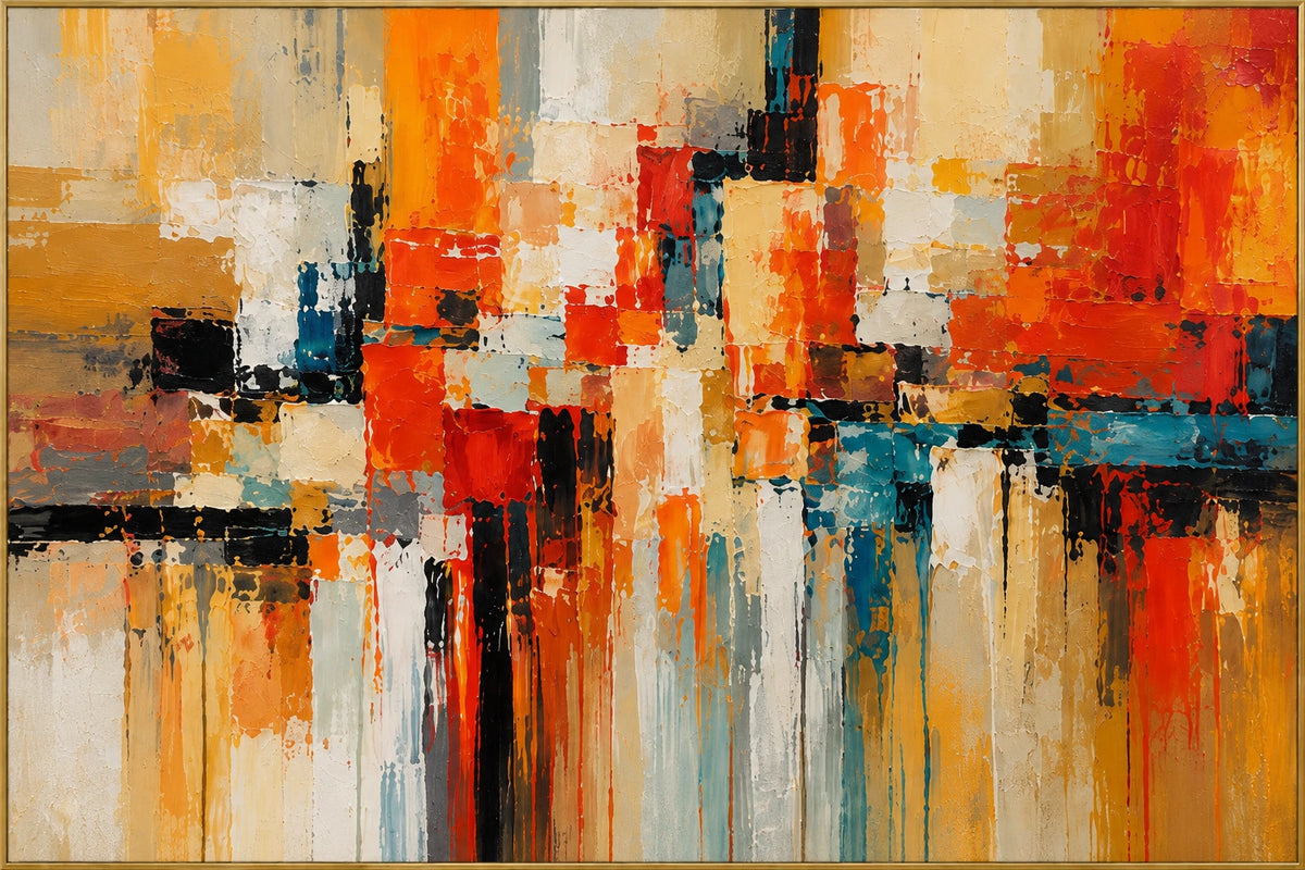 Orange Crossings | Hand-Painted Abstract Oil Painting | Complete artwork front view with narrow champagne gold fine frame