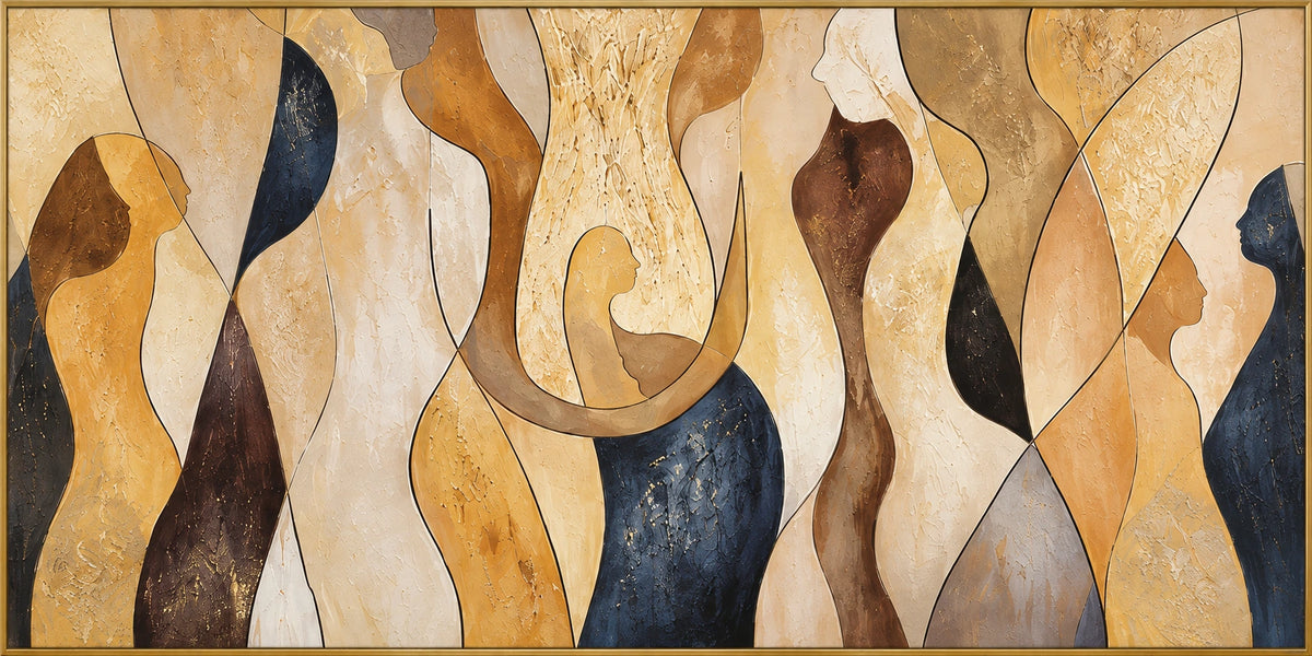 Honeyed Forms | Hand-Painted Abstract Oil Painting | Complete artwork front view with narrow champagne gold fine frame