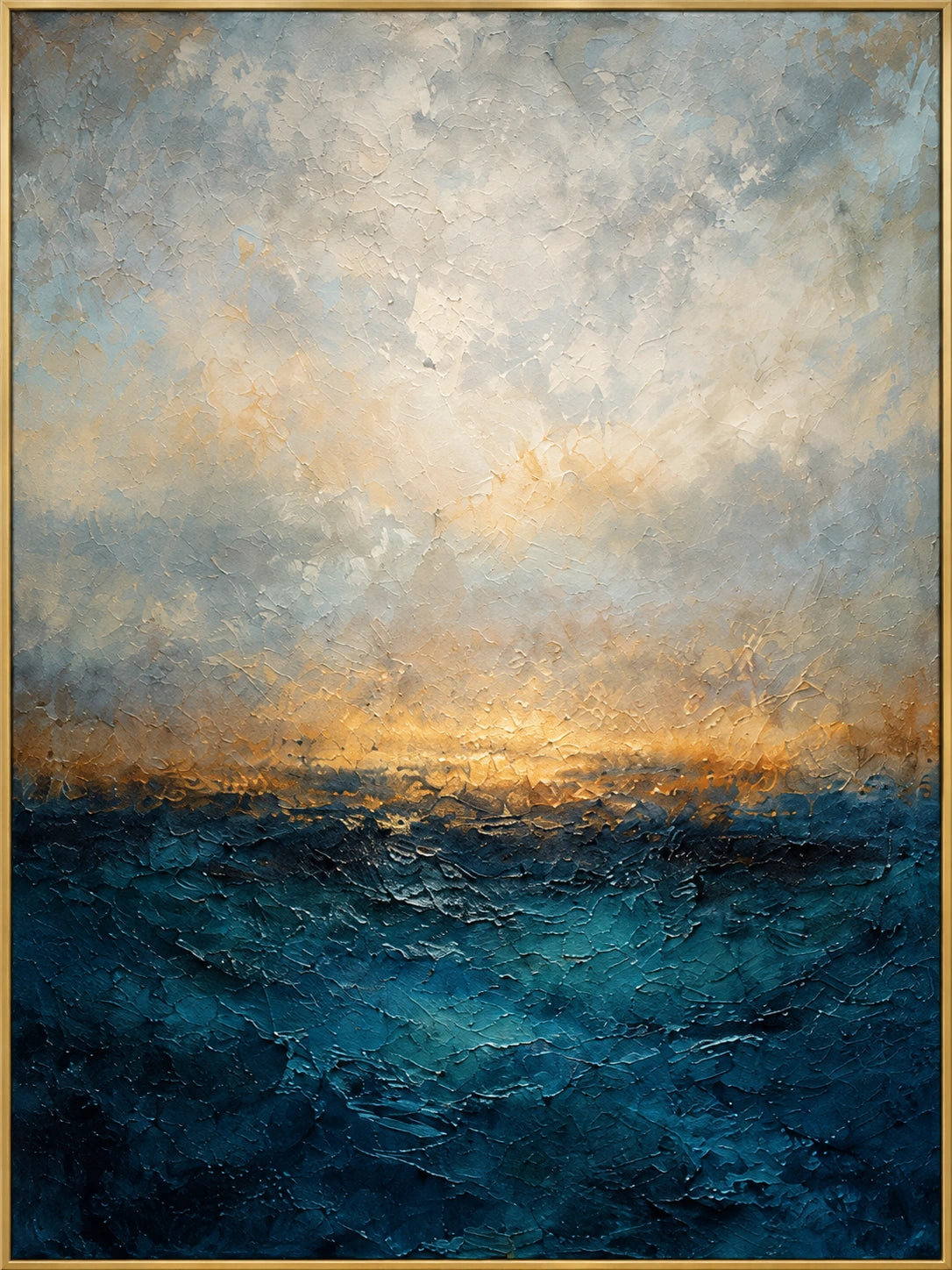Ocean Ember | Hand-Painted Seascape Oil Painting | Complete artwork front view with narrow champagne gold fine frame