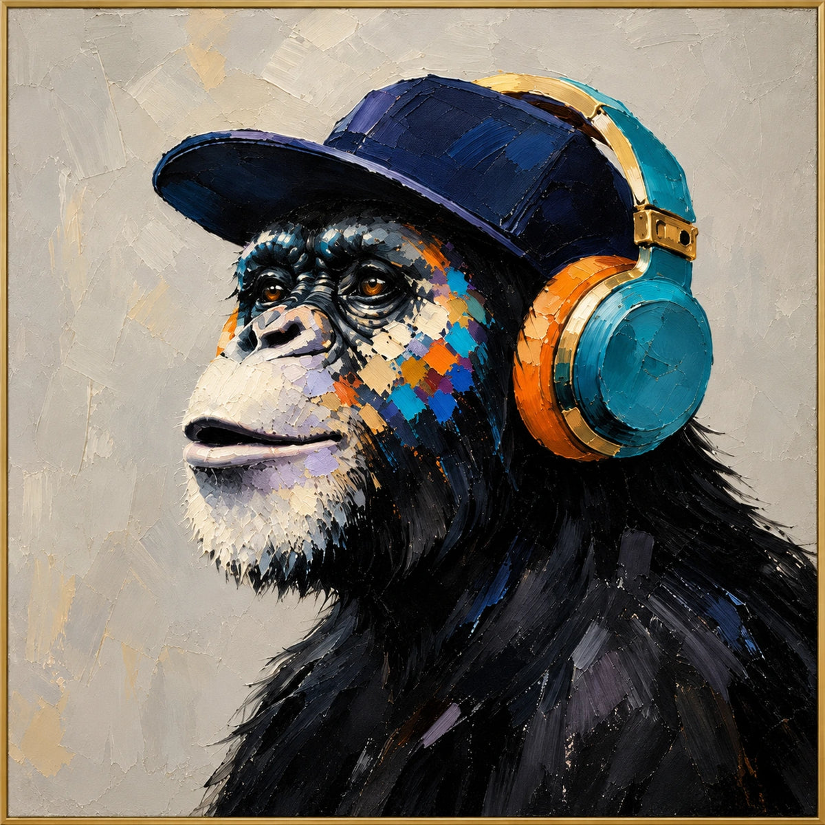 Listener | Hand-Painted Animal Oil Painting | Complete artwork front view with narrow champagne gold fine frame