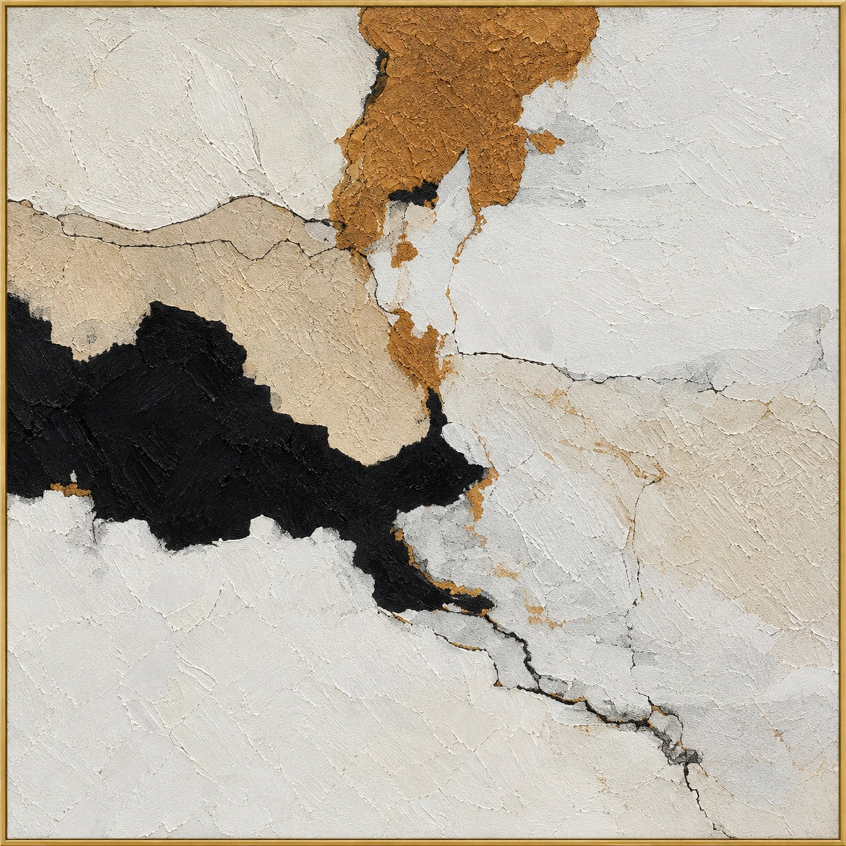 Ochre Drift | Hand-Painted Abstract Oil Painting | Complete artwork front view with narrow champagne gold fine frame