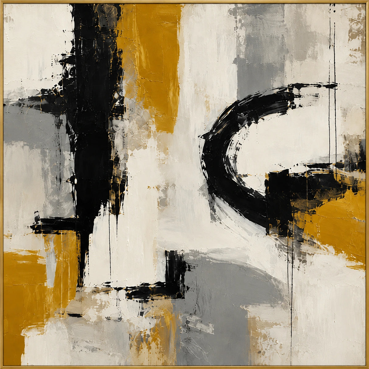 Riven | Hand-Painted Abstract Oil Painting | Complete artwork front view with narrow champagne gold fine frame
