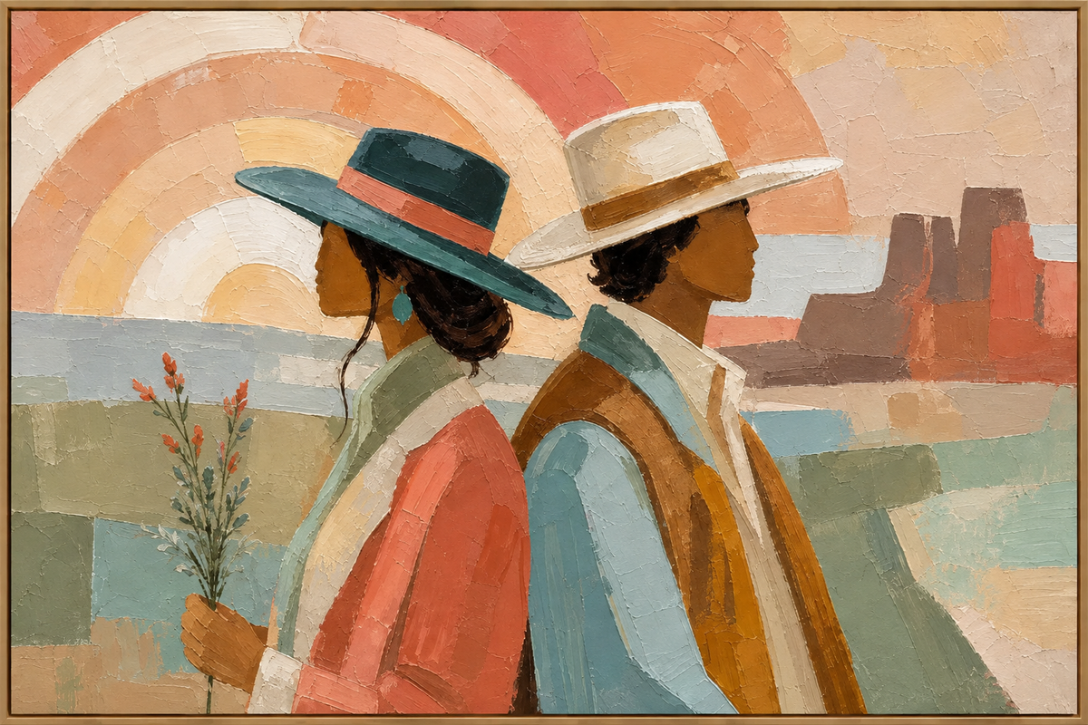 Opposite Horizons | Hand-Painted Abstract Western Figures Oil Painting | Complete painting, narrow champagne bronze-gold frame, front view