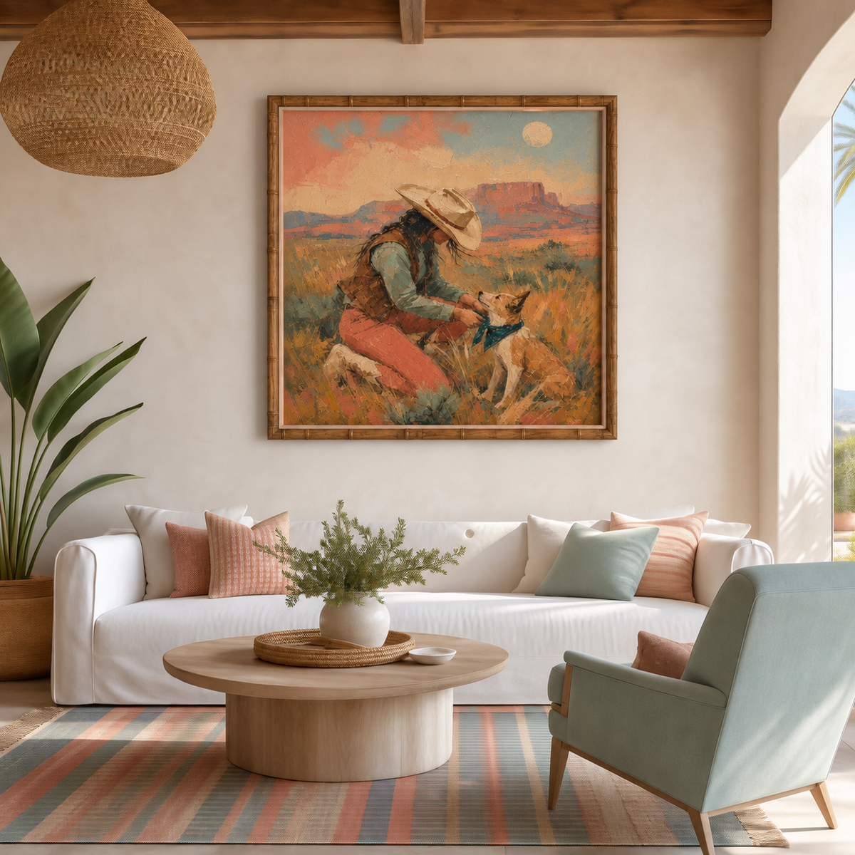 Canyon Kindred, square cowgirl and dog painting in a room