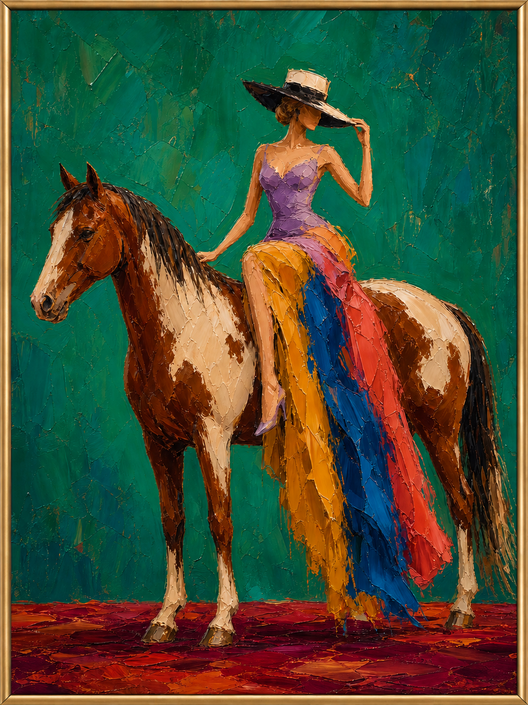 Shoulder to Shoulder | Hand-Painted Woman and Horse Oil Painting | Complete painting in a narrow champagne bronze-gold frame, front view