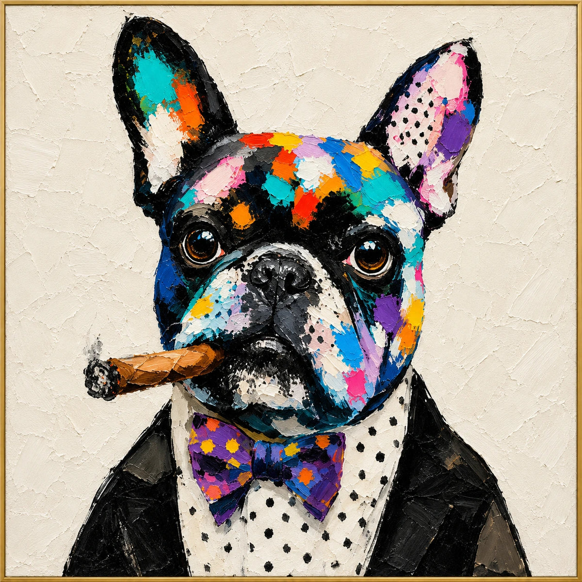 Patchwork Bulldog | Hand-Painted Pet Portrait Oil Painting | Complete artwork front view with narrow champagne gold fine frame