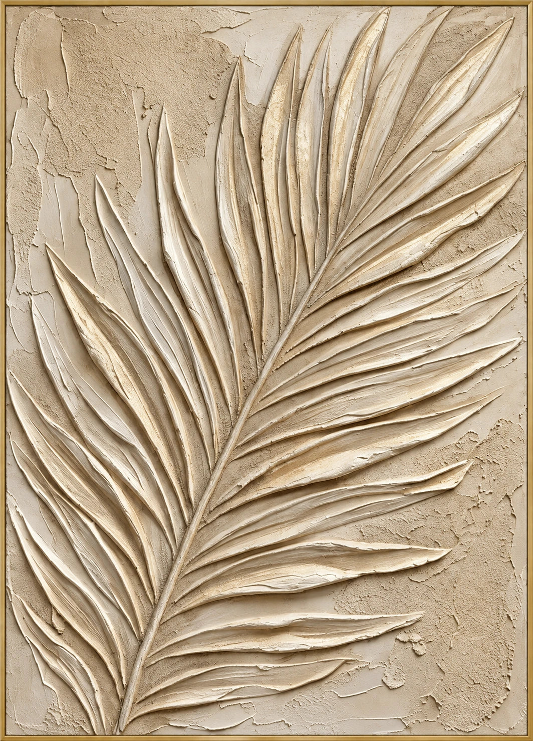 Sunlit Palm Frond | Hand-Painted Botanical Oil Painting | Complete artwork front view with narrow champagne gold fine frame
