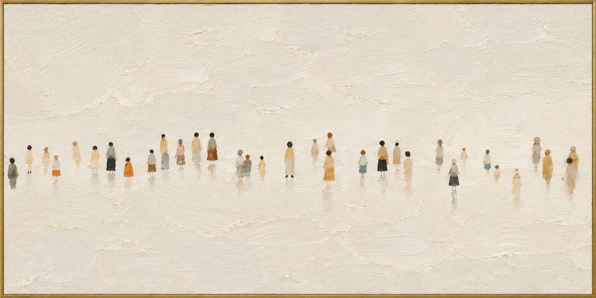 Figures Passing By | Hand-Painted Figurative Oil Painting | Complete artwork front view with narrow champagne gold fine frame