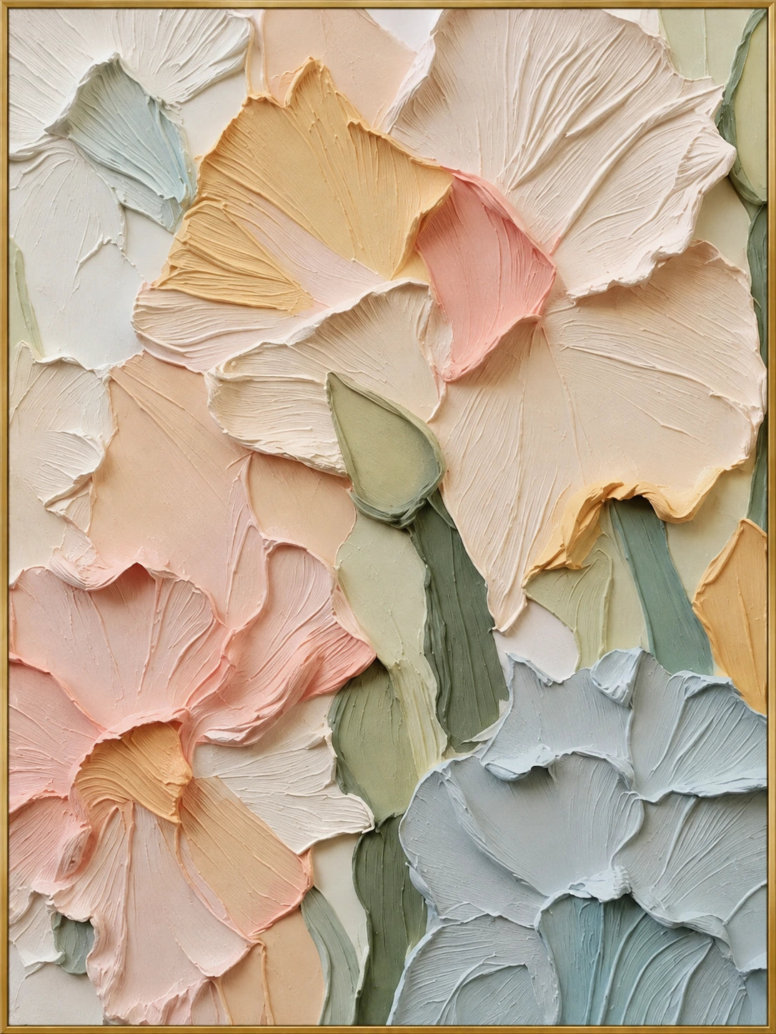 Blush on Sage | Hand-Painted Abstract Floral Oil Painting | Complete artwork front view with narrow champagne gold fine frame