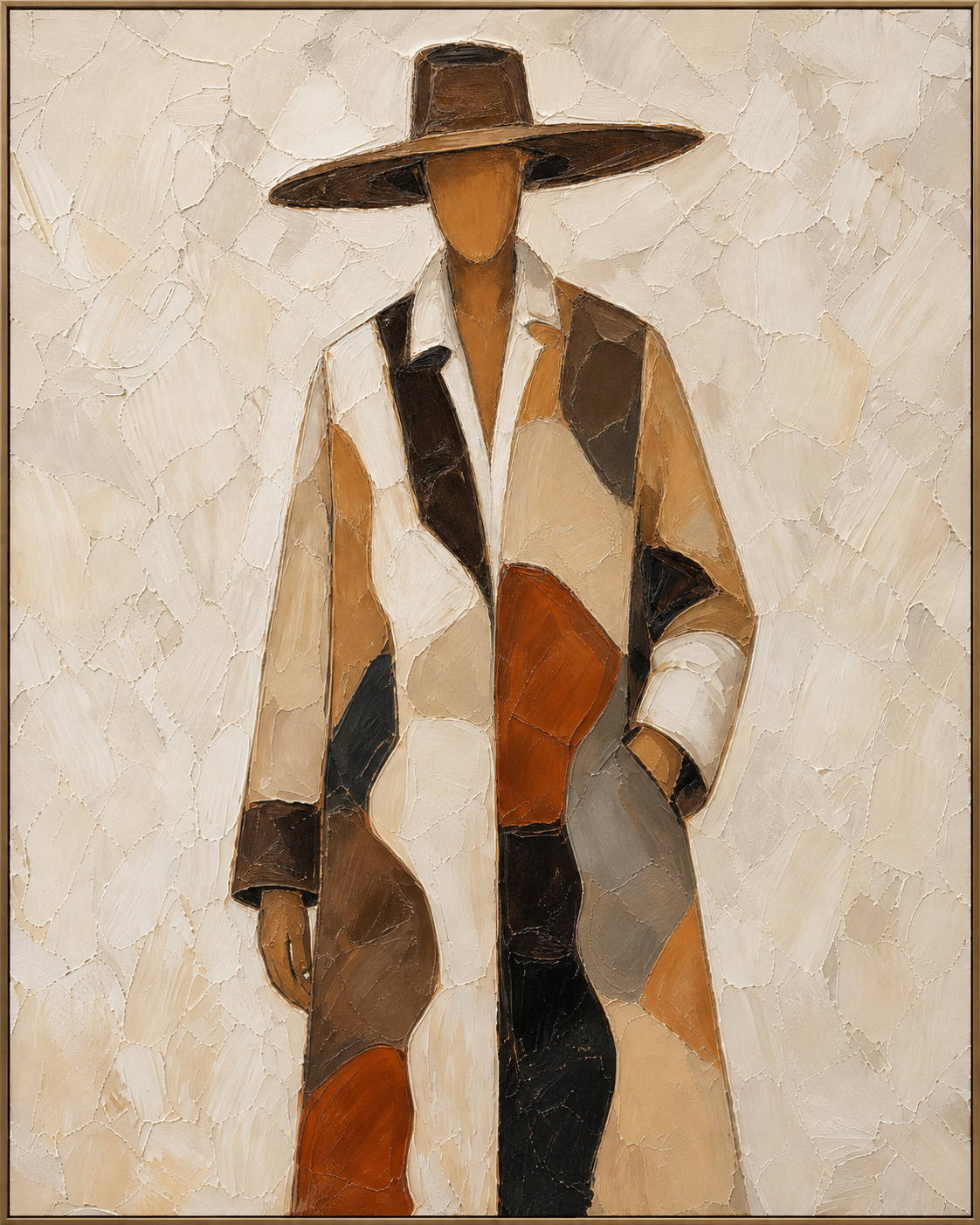Patchwork Cowboy | Hand-Painted Cowboy Portrait Oil Painting | Complete painting, narrow champagne bronze-gold frame, front view