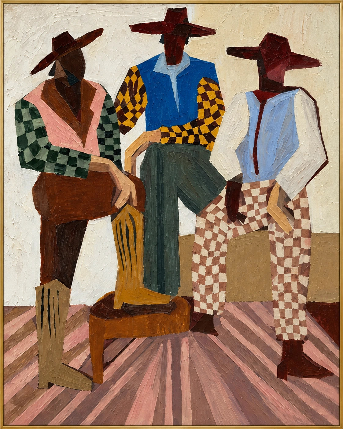 Patterned Western Trio | Hand-Painted Western Group Portrait Oil Painting | Complete artwork front view with narrow champagne gold fine frame