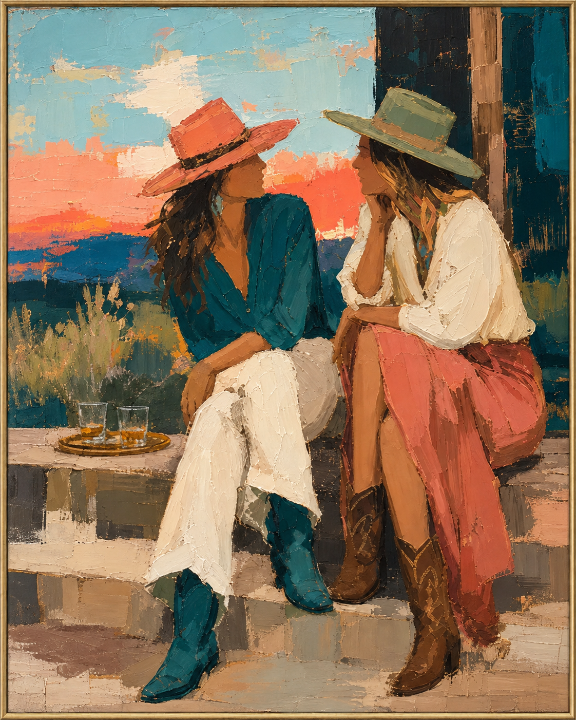 Two in Conversation | Hand-Painted Two Western Figures Oil Painting | Complete painting, narrow champagne bronze-gold frame, front view