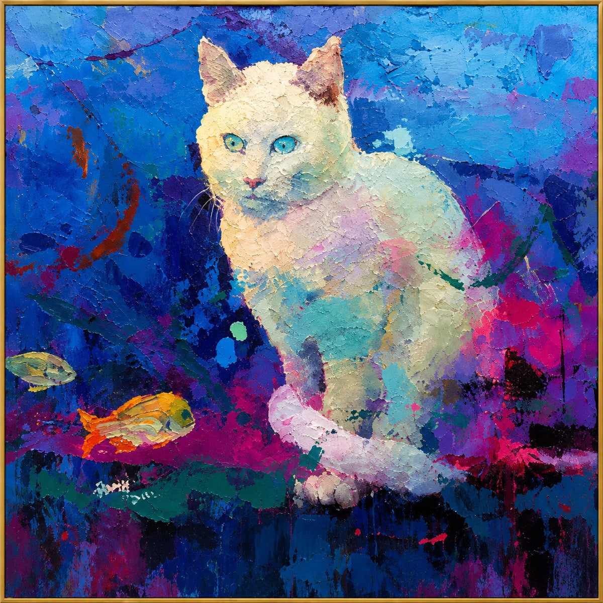 Prism Whiskers | Hand-Painted Pet Portrait Oil Painting | Complete artwork front view with narrow champagne gold fine frame