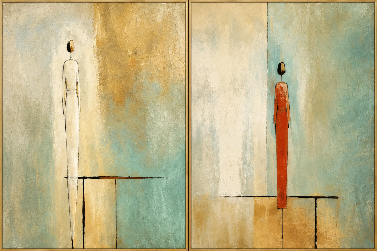 White and Red | Hand-Painted Figurative Oil Painting | Complete artwork front view with narrow champagne gold fine frame