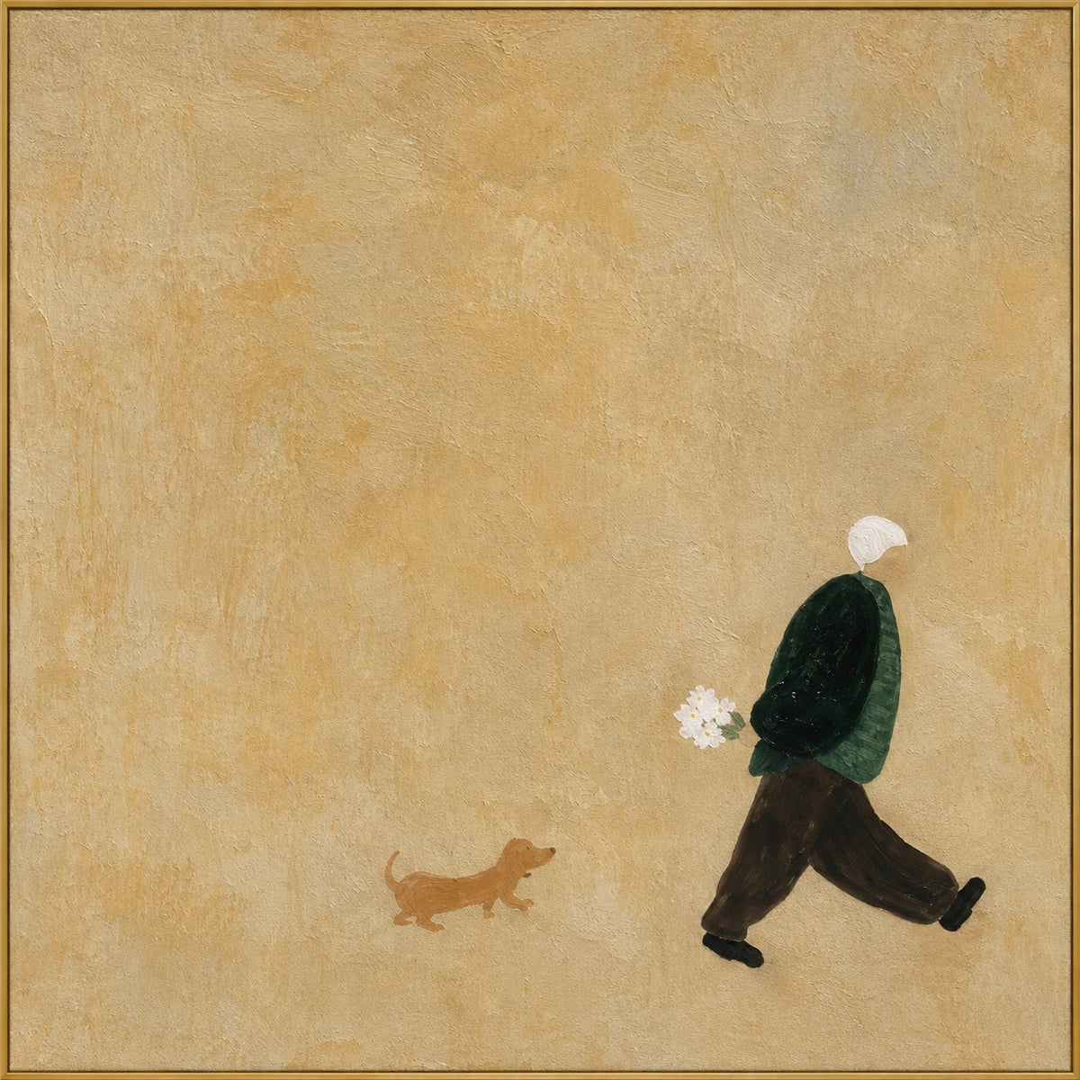 Quiet Stroll | Hand-Painted Figurative Oil Painting | Complete artwork front view with narrow champagne gold fine frame