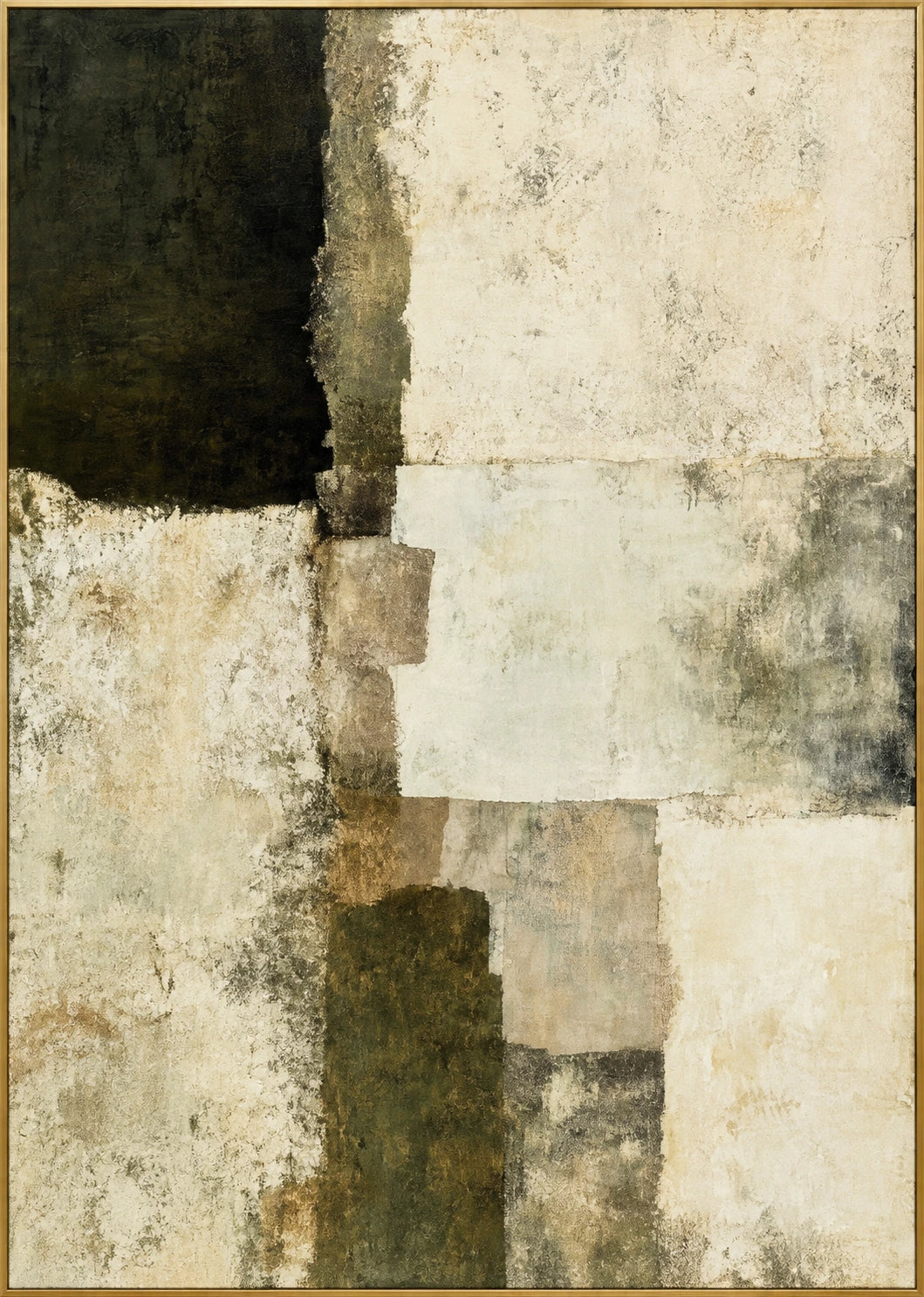 Stone and Shadow | Hand-Painted Geometric Abstract Oil Painting | Complete artwork front view with narrow champagne gold fine frame