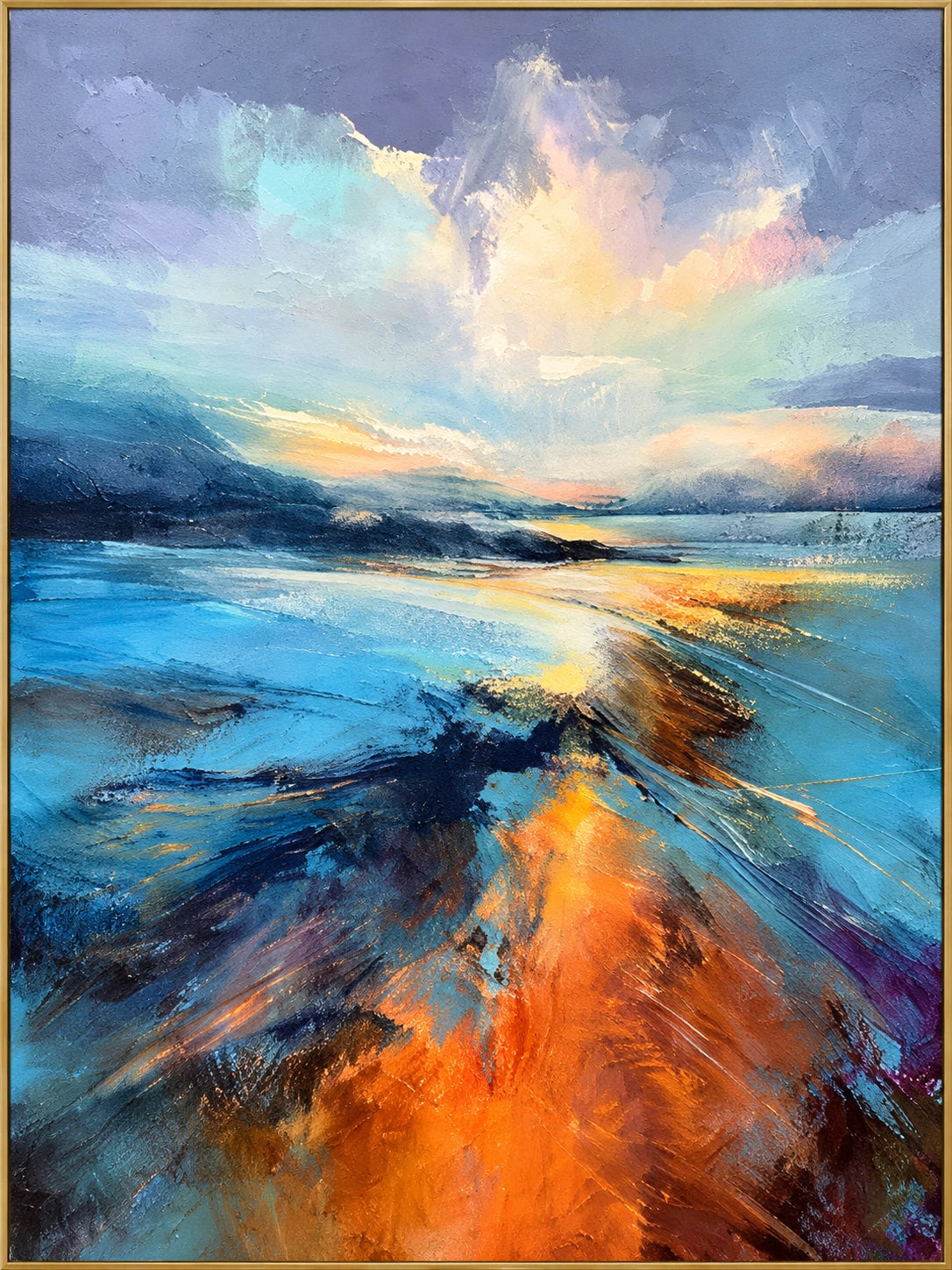 Blue Sunbreak | Hand-Painted Coastal Oil Painting | Complete artwork front view with narrow champagne gold fine frame