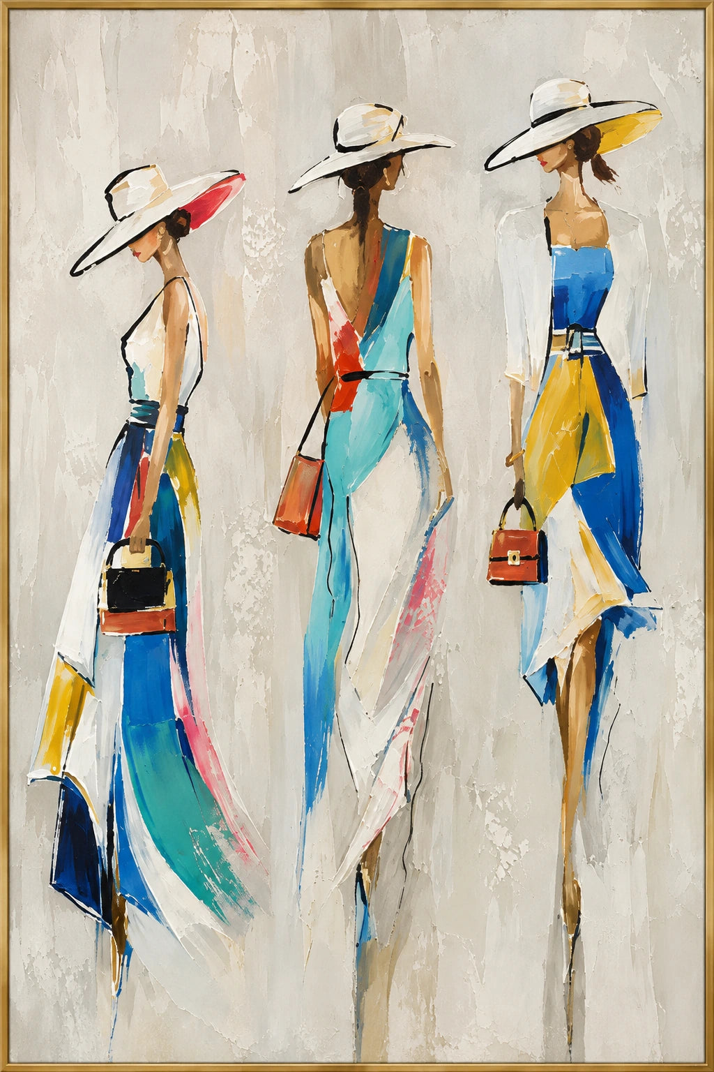 Sunlit Brims | Hand-Painted Figurative Oil Painting | Complete artwork front view with narrow champagne gold fine frame