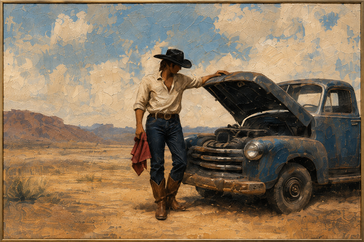 Desert Pause | Hand-Painted Cowgirl and Vintage Pickup Oil Painting | Complete painting, narrow champagne bronze-gold frame, front view