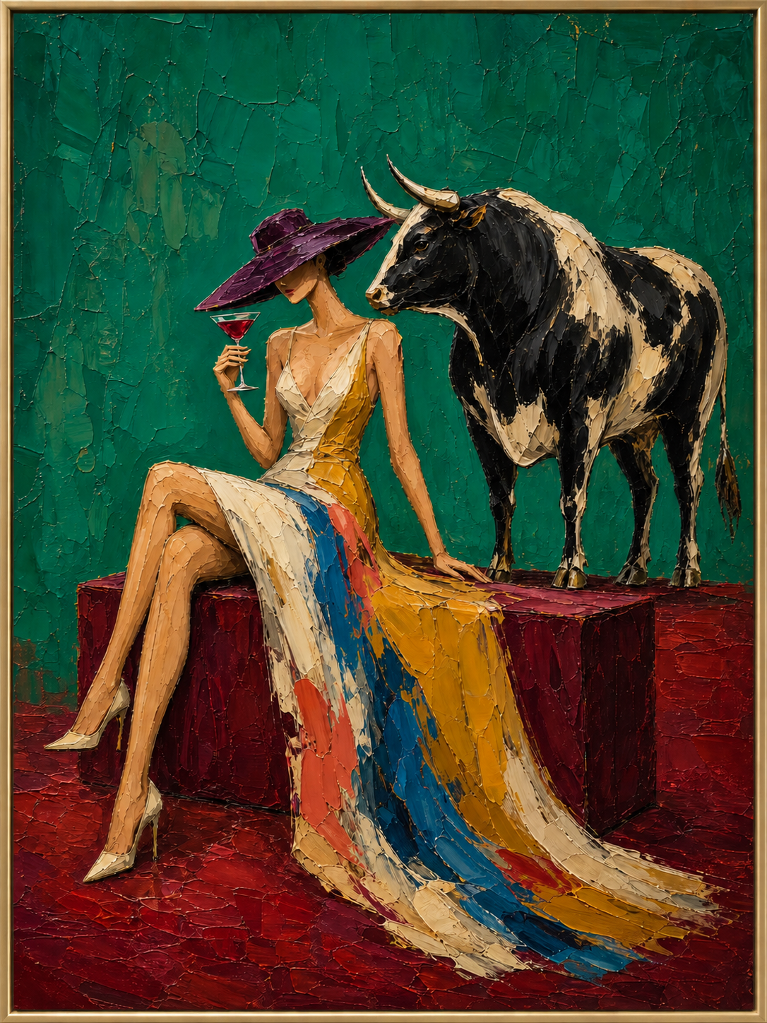 Before the Bull | Hand-Painted Woman and Bull Oil Painting | Complete painting in a narrow champagne bronze-gold frame, front view