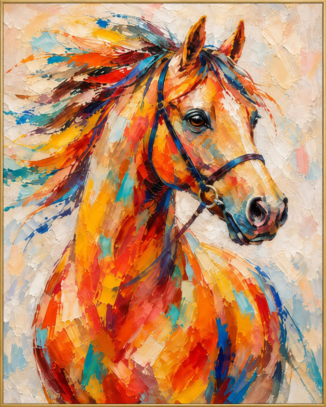 Saffron Mane | Hand-Painted Horse Portrait Oil Painting | Complete artwork front view with narrow champagne gold fine frame