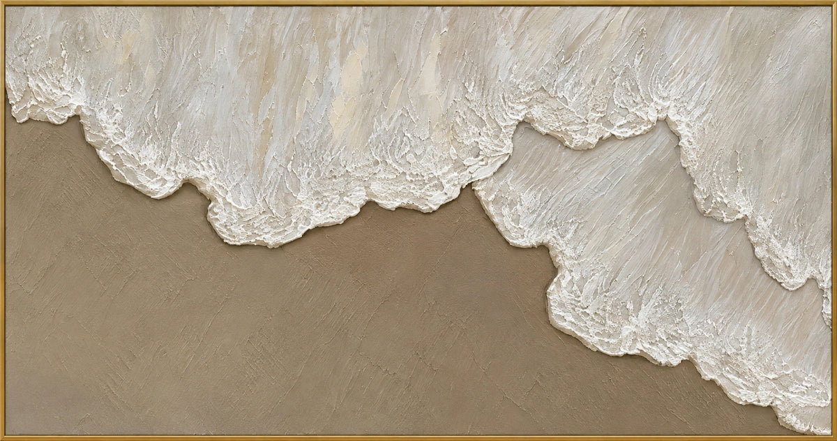 Ivory Breakers | Hand-Painted Coastal Abstract Oil Painting | Complete artwork front view with narrow champagne gold fine frame