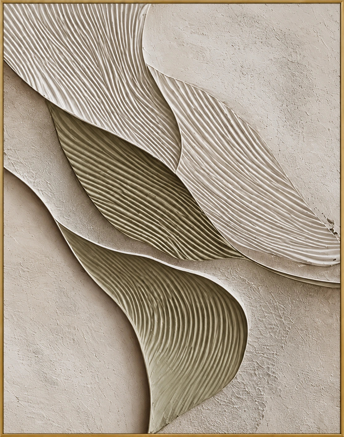 Sculpted Leaves | Hand-Painted Botanical Oil Painting | Complete artwork front view with narrow champagne gold fine frame