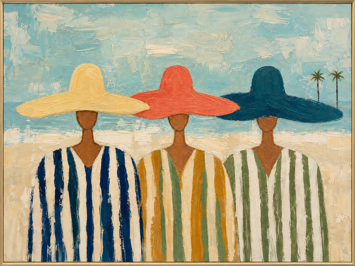 Broad Brim Trio | Hand-Painted Figurative Oil Painting | Complete painting, narrow champagne bronze-gold frame, front view
