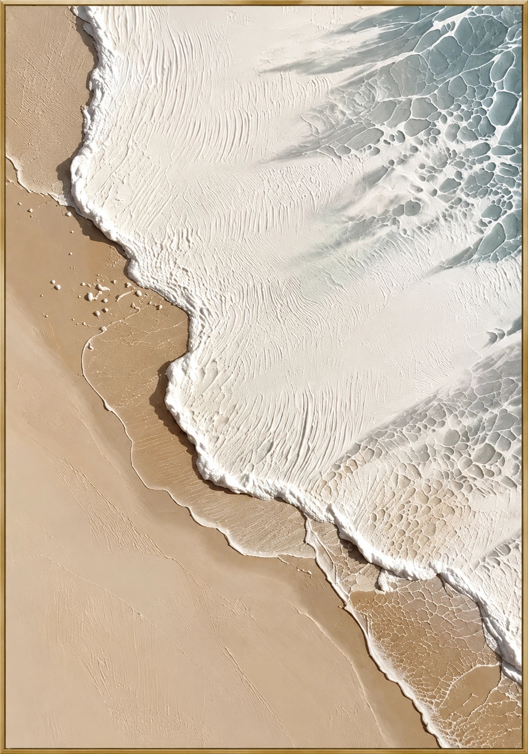 Shoreline Foam | Hand-Painted Coastal Abstract Oil Painting | Complete artwork front view with narrow champagne gold fine frame