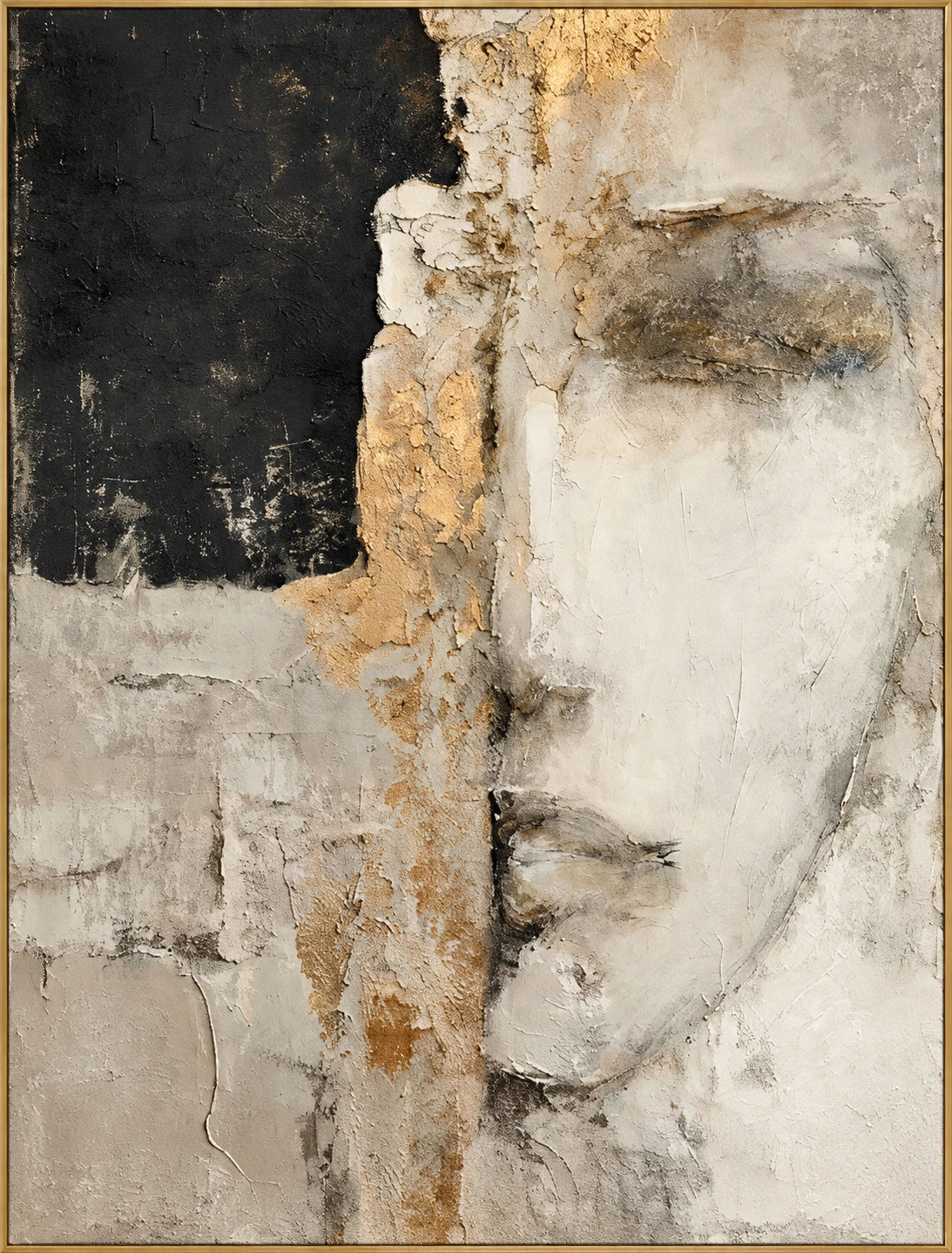 White Fault | Hand-Painted Textured Abstract Oil Painting | Complete artwork front view with narrow champagne gold fine frame