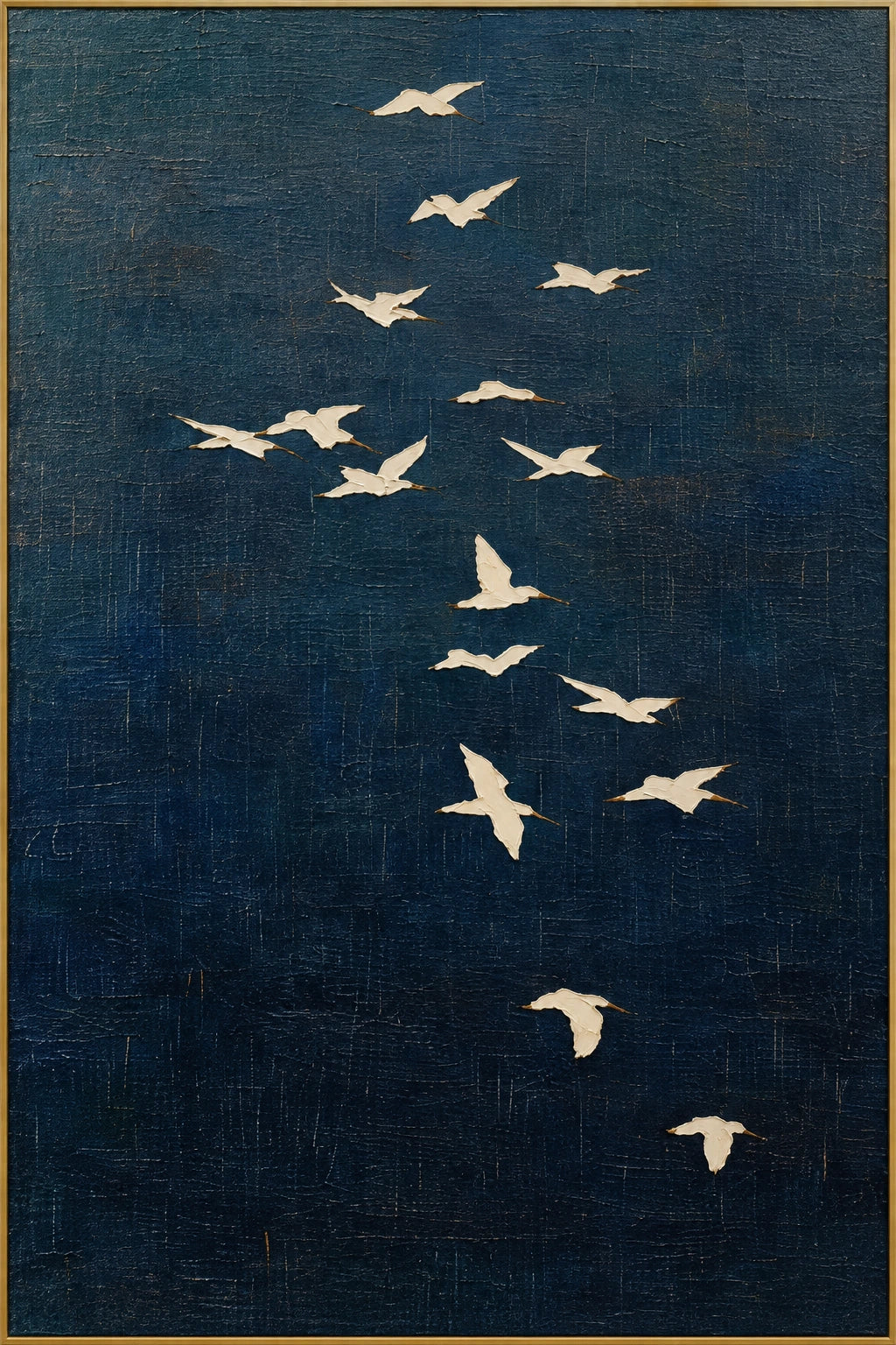 Night Birds Crossing | Hand-Painted Wildlife Oil Painting | Complete artwork front view with narrow champagne gold fine frame