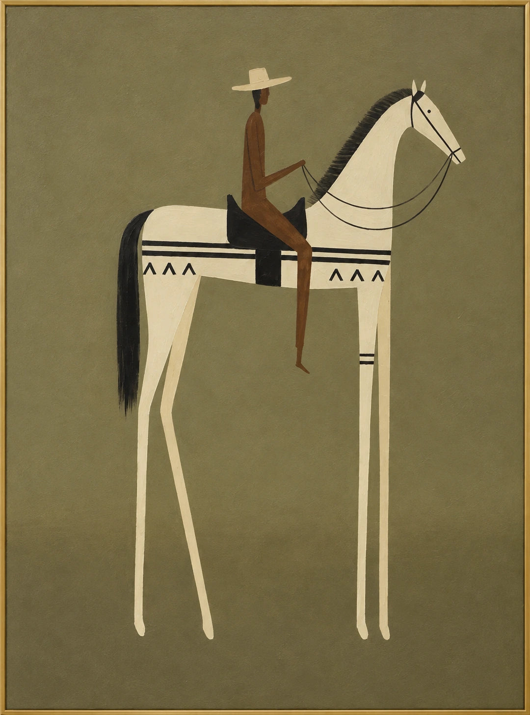 Silent Rider | Hand-Painted Minimalist Horse and Rider Oil Painting | Complete artwork front view with narrow champagne gold fine frame