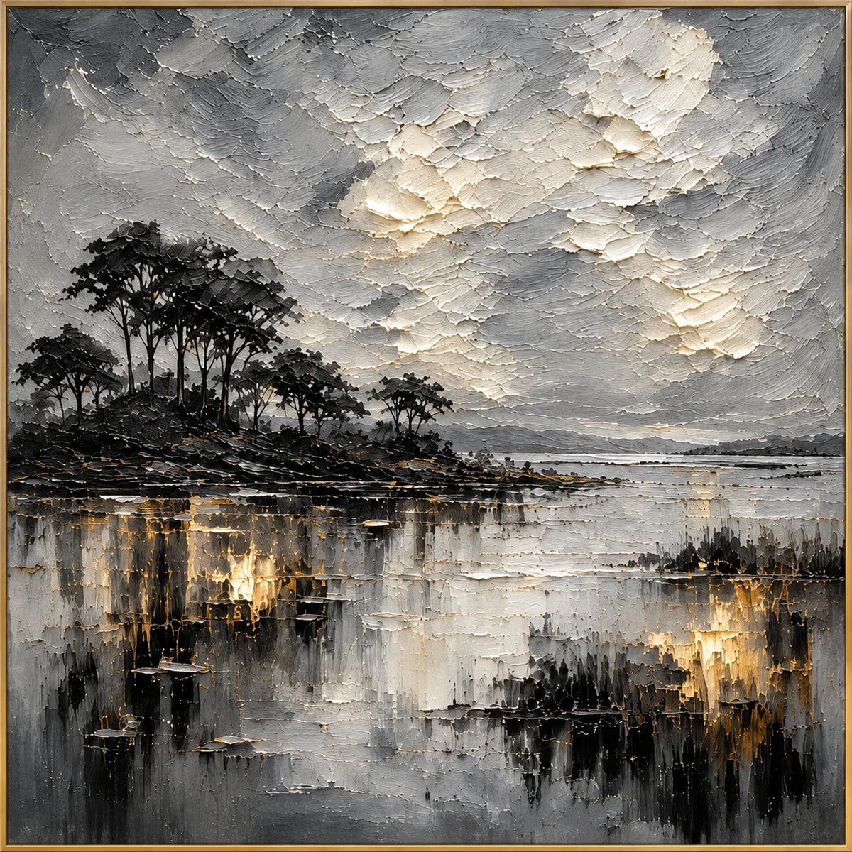 Stillwater Pines | Hand-Painted Landscape Oil Painting | Complete artwork front view with narrow champagne gold fine frame