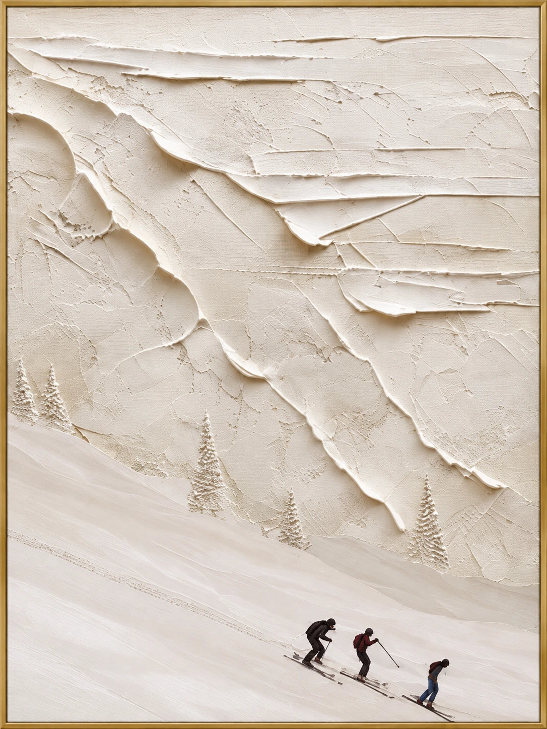 Snowbound Ascent | Hand-Painted Mountain Landscape Oil Painting | Complete artwork front view with narrow champagne gold fine frame