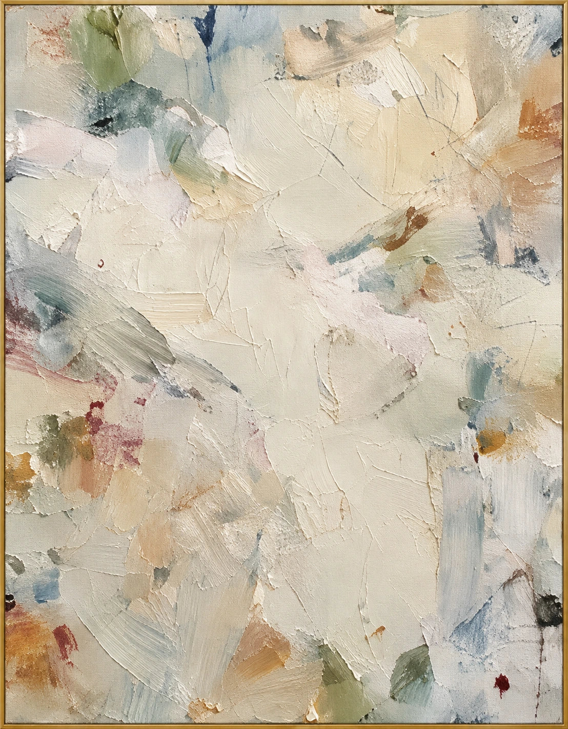 Ivory Motion | Hand-Painted Abstract Floral Oil Painting | Complete artwork front view with narrow champagne gold fine frame