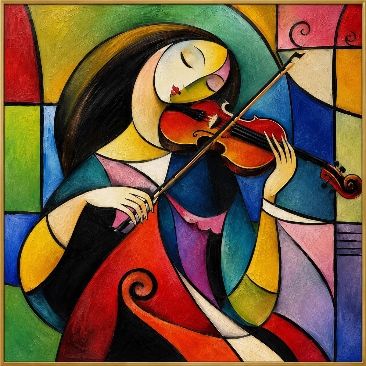 Syncopation | Hand-Painted Music Oil Painting | Complete artwork front view with narrow champagne gold fine frame