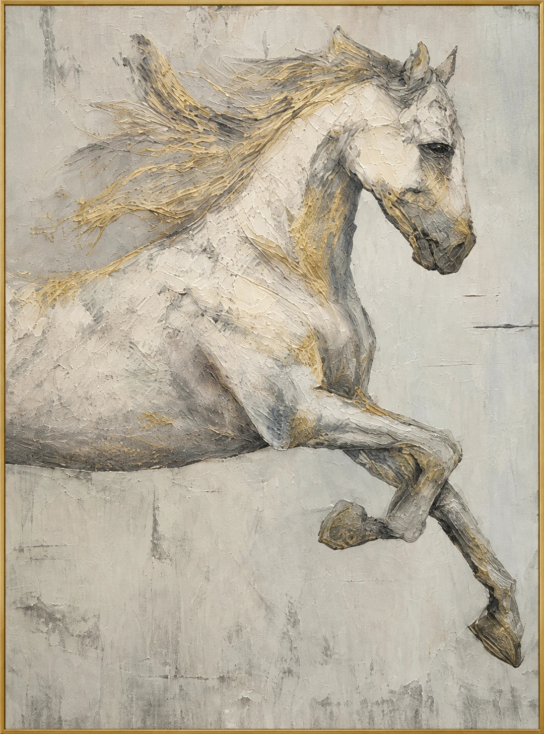 White Horse Rising | Hand-Painted White Horse Oil Painting | Complete artwork front view with narrow champagne gold fine frame