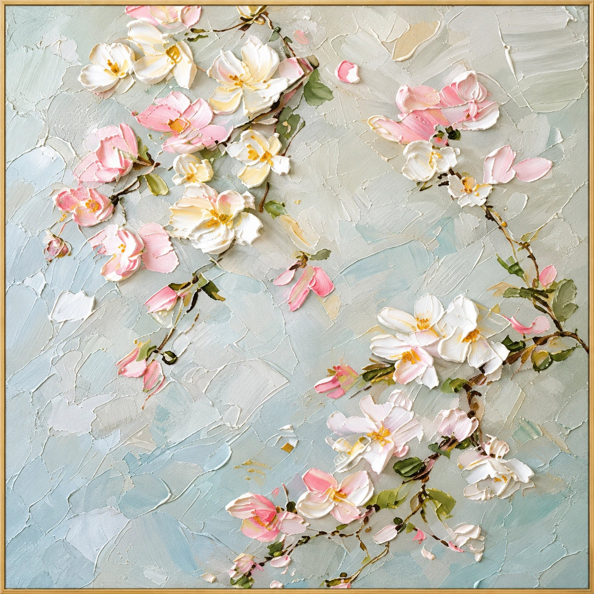 Spring Blossom | Hand-Painted Floral Oil Painting | Complete artwork front view with narrow champagne gold fine frame