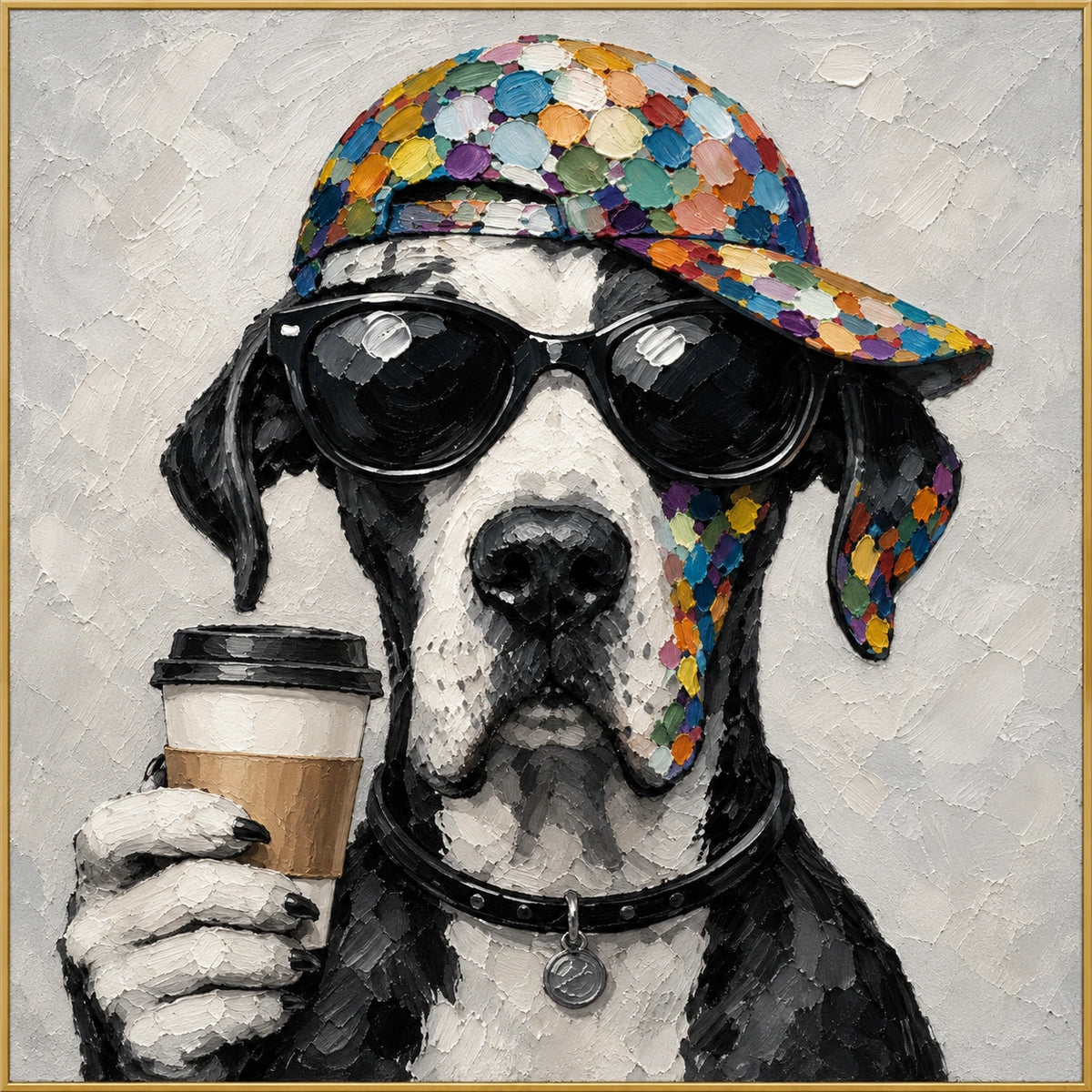 Happy Hour Hound | Hand-Painted Pet Portrait Oil Painting | Complete artwork front view with narrow champagne gold fine frame