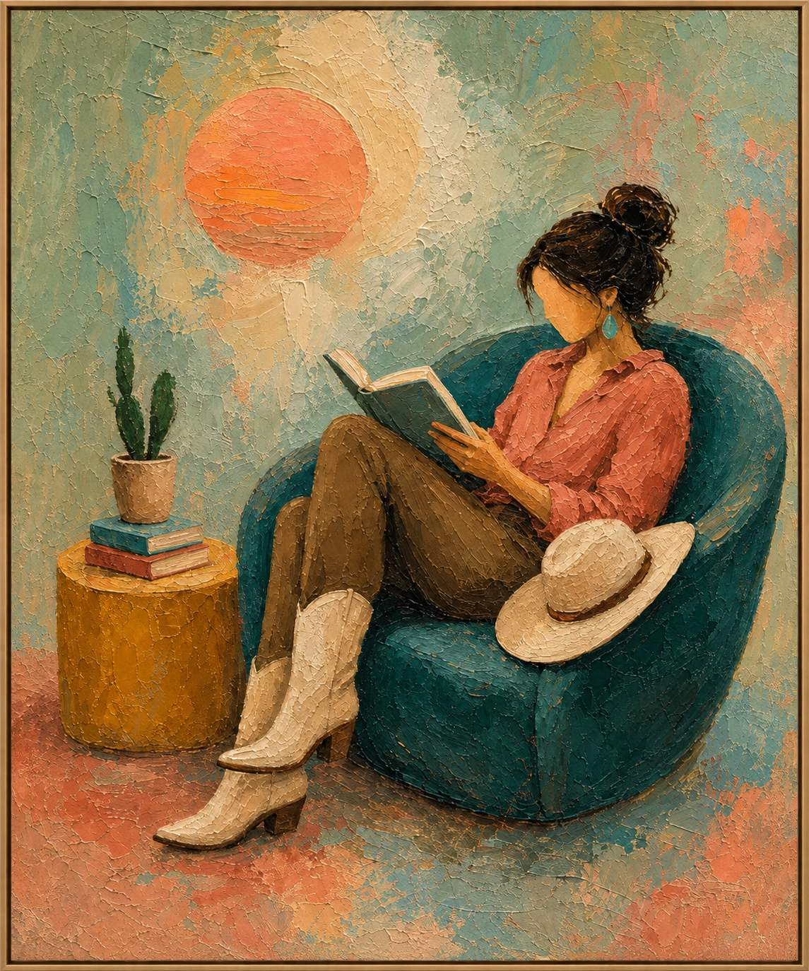Sunlit Chapter | Hand-Painted Woman Reading Oil Painting | Complete painting, narrow champagne bronze-gold frame, front view