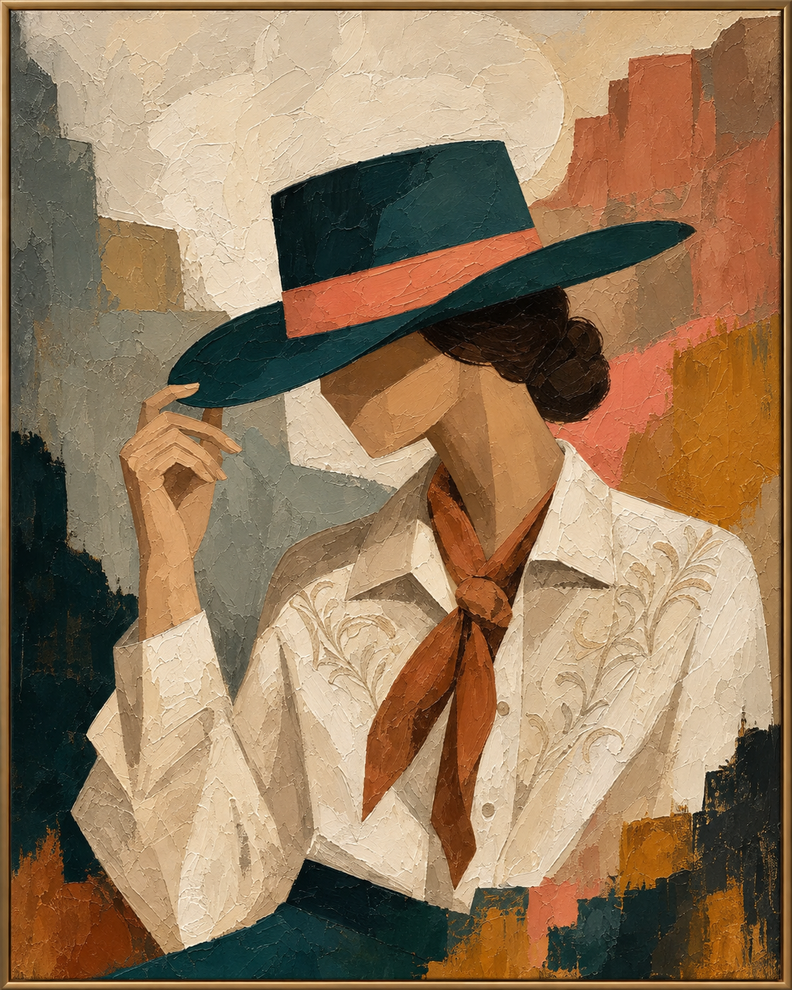 Teal Reverie | Hand-Painted Cowgirl Portrait Oil Painting | Complete painting, narrow champagne bronze-gold frame, front view
