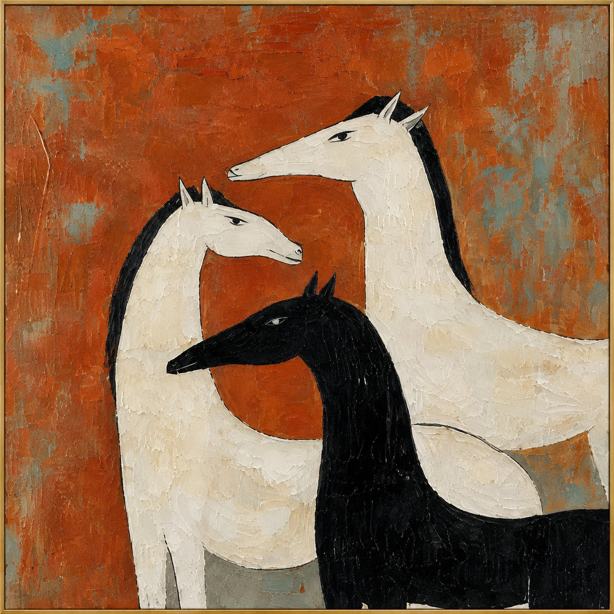 Three Horses | Hand-Painted Abstract Horses Oil Painting | Complete artwork front view with narrow champagne gold fine frame