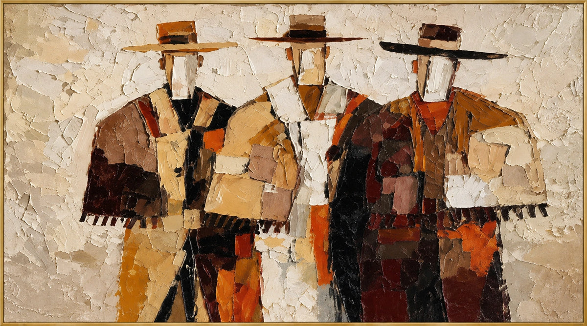 Three Brims | Hand-Painted Western Group Portrait Oil Painting | Complete artwork front view with narrow champagne gold fine frame